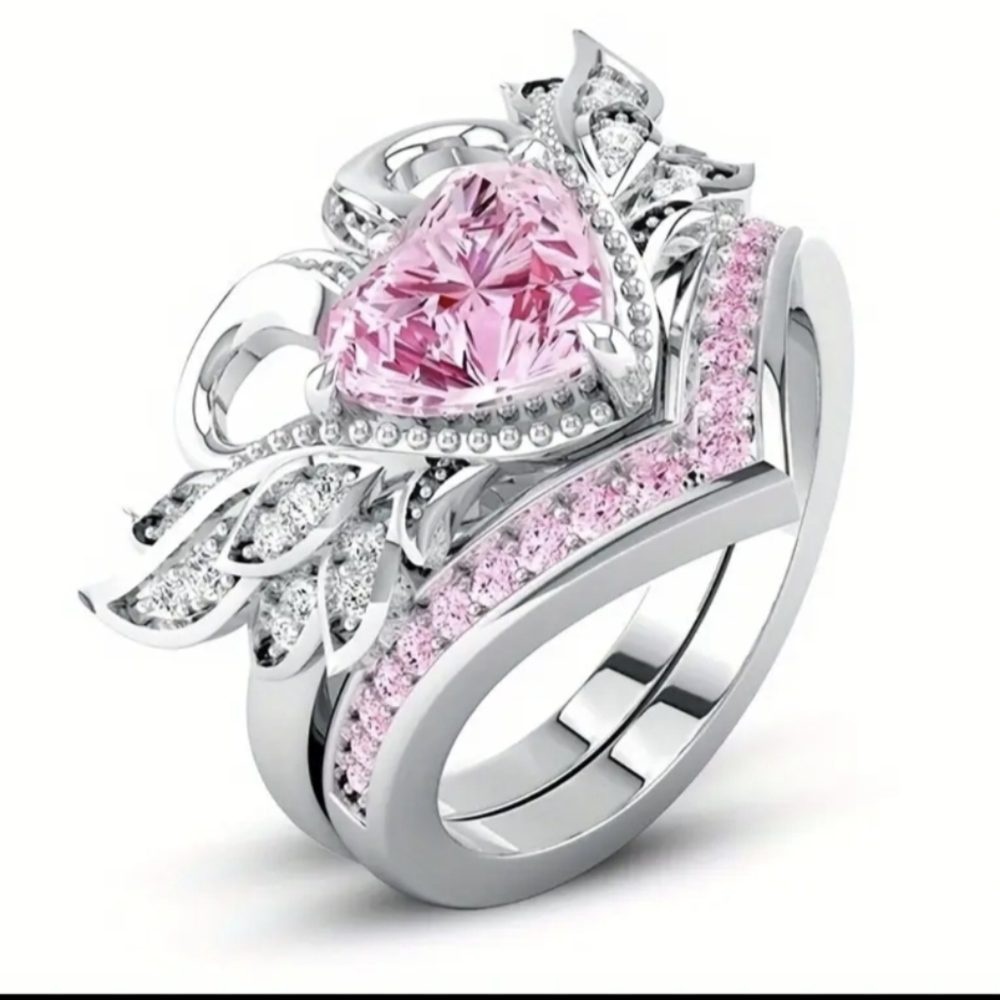 🩷2pc/set Women's Cubic Zirconia Pink Heart Angel Wings Ring & Band